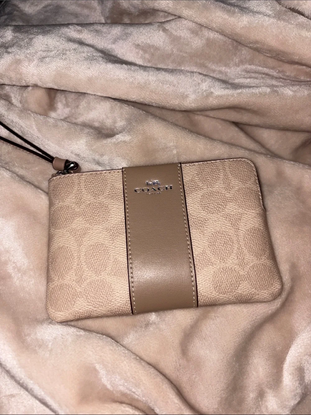Coach Small Signature Wristlet in Tan and Beige
